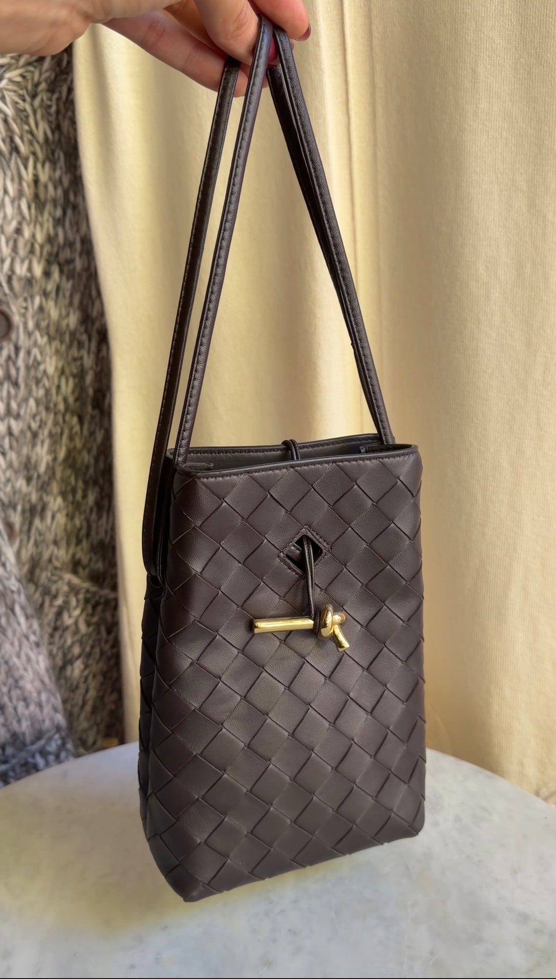 Bottega Veneta Dark Brown Andiamo Intrecciato Leather Phone Pouch