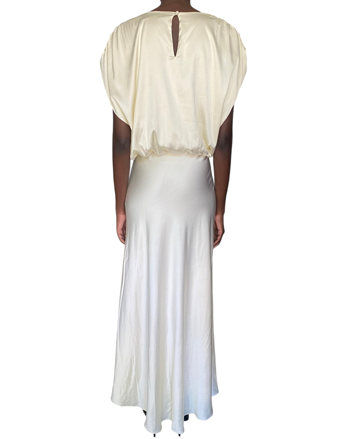 Moré Noir Ivory Victoria Satin Power Shoulder Maxi Gown - M