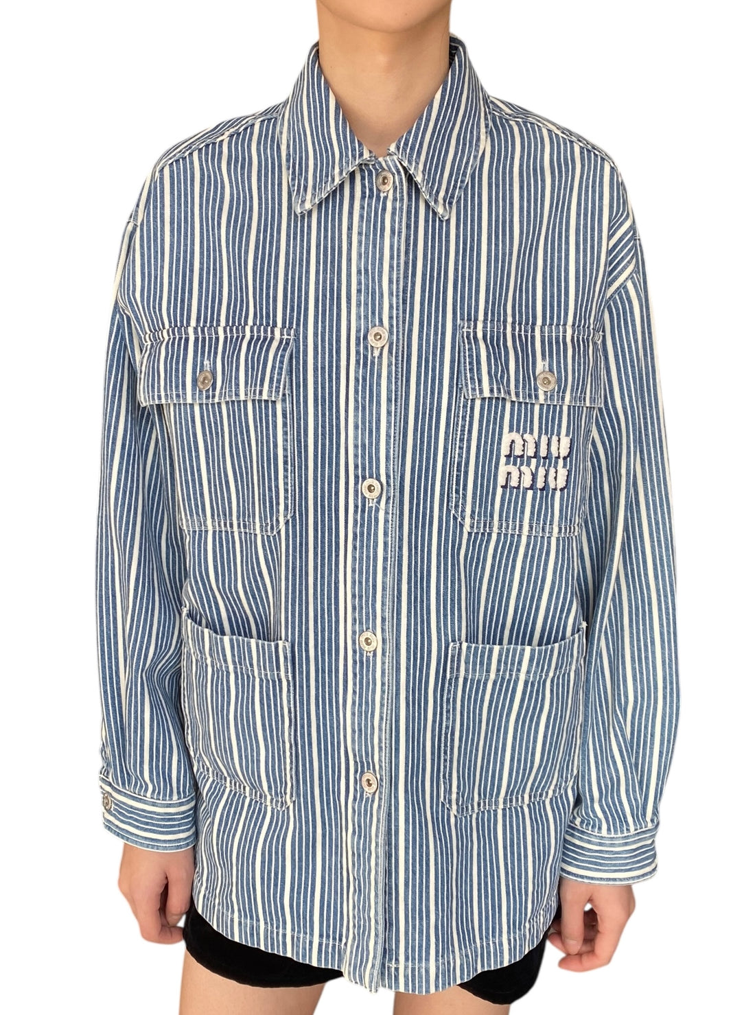 Miu Miu Blue Denim Striped Logo Jacket - 40 / US 6