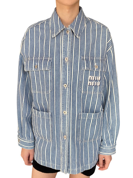Miu Miu Blue Denim Striped Logo Jacket - 40 / US 6