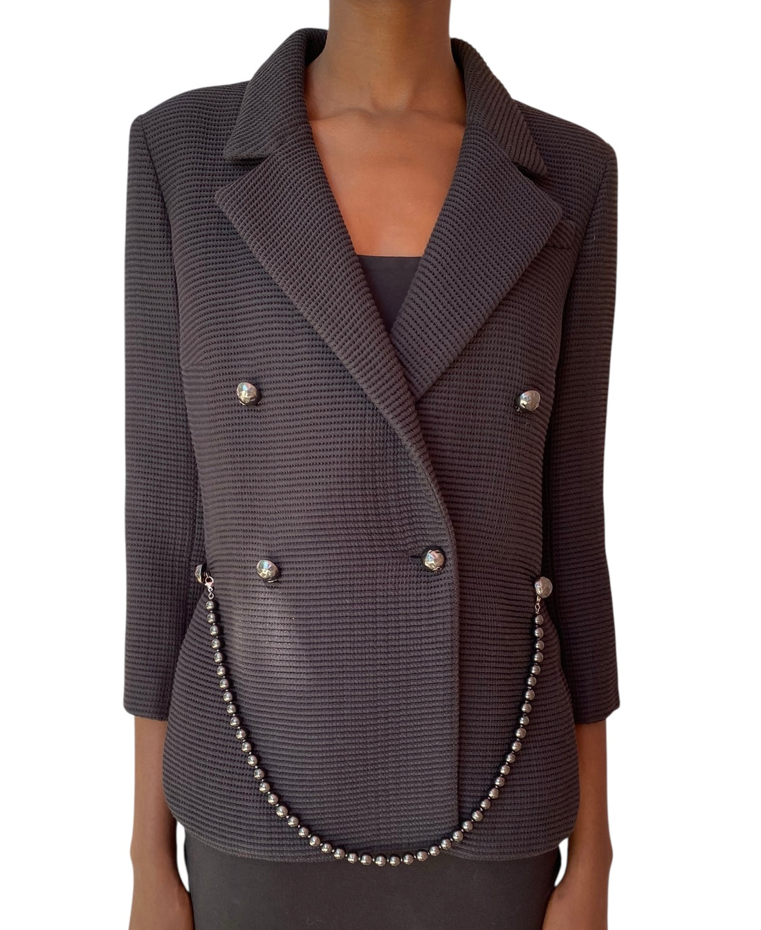 Chanel 2012 Black Striped Pearl Chain Jacket - 40
