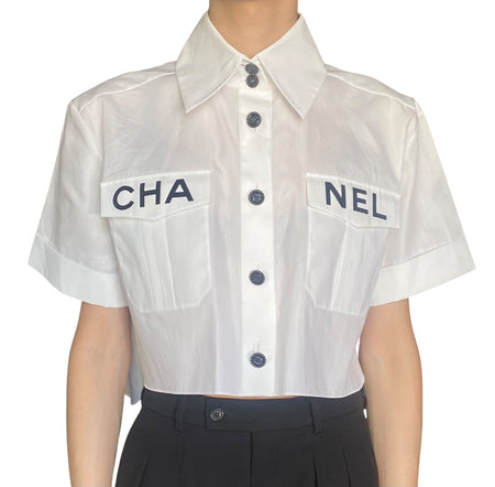 Chanel White 2019 Logo Cropped Shirt - FR 38 / US 6