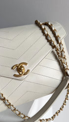 Chanel Ivory Chevron Stitch Compartment Medium Flap Bag