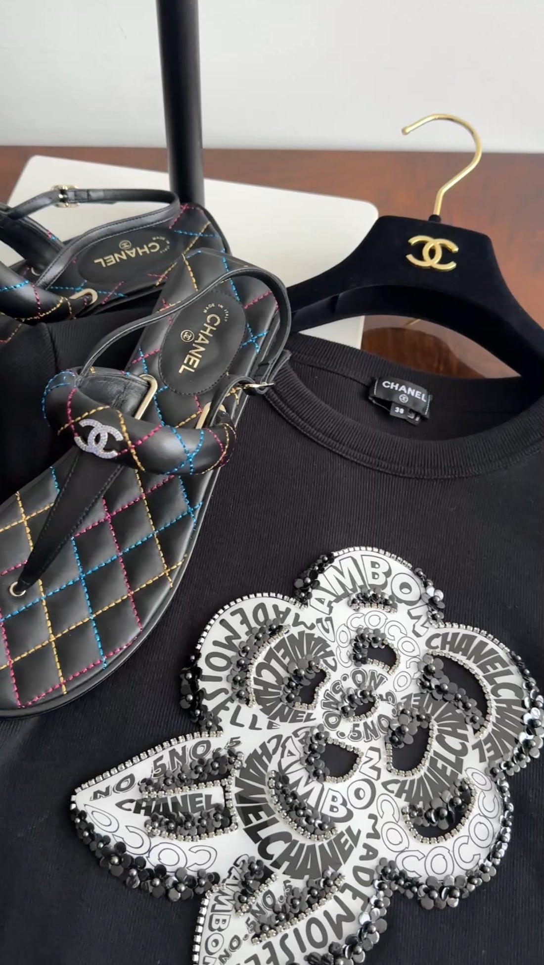 Chanel Black Cotton Camelia Logo Crystal Embellished T Shirt - 38 (S/M)