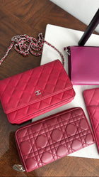 Dior Dark Red Lambskin Cannage Quilted Continental Zip Wallet