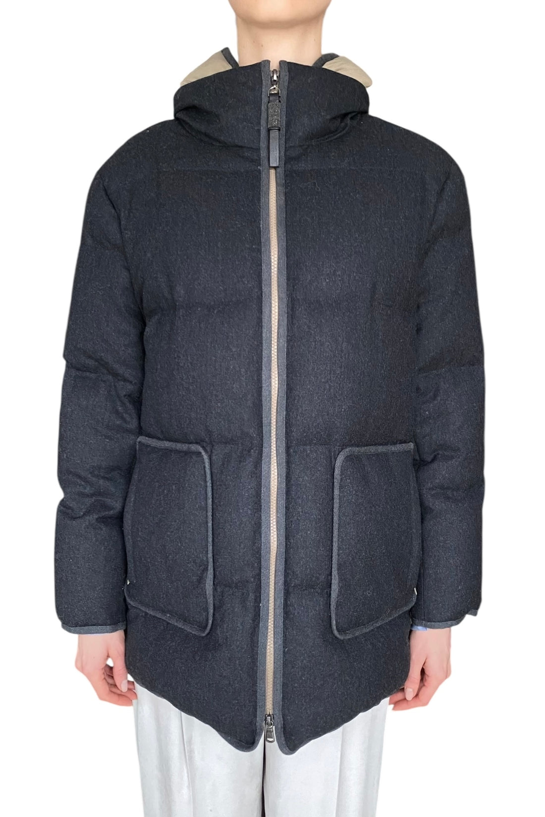 Brunello Cucinelli Dark Grey Wool Hooded Down Jacket - IT 40 / US 4-6
