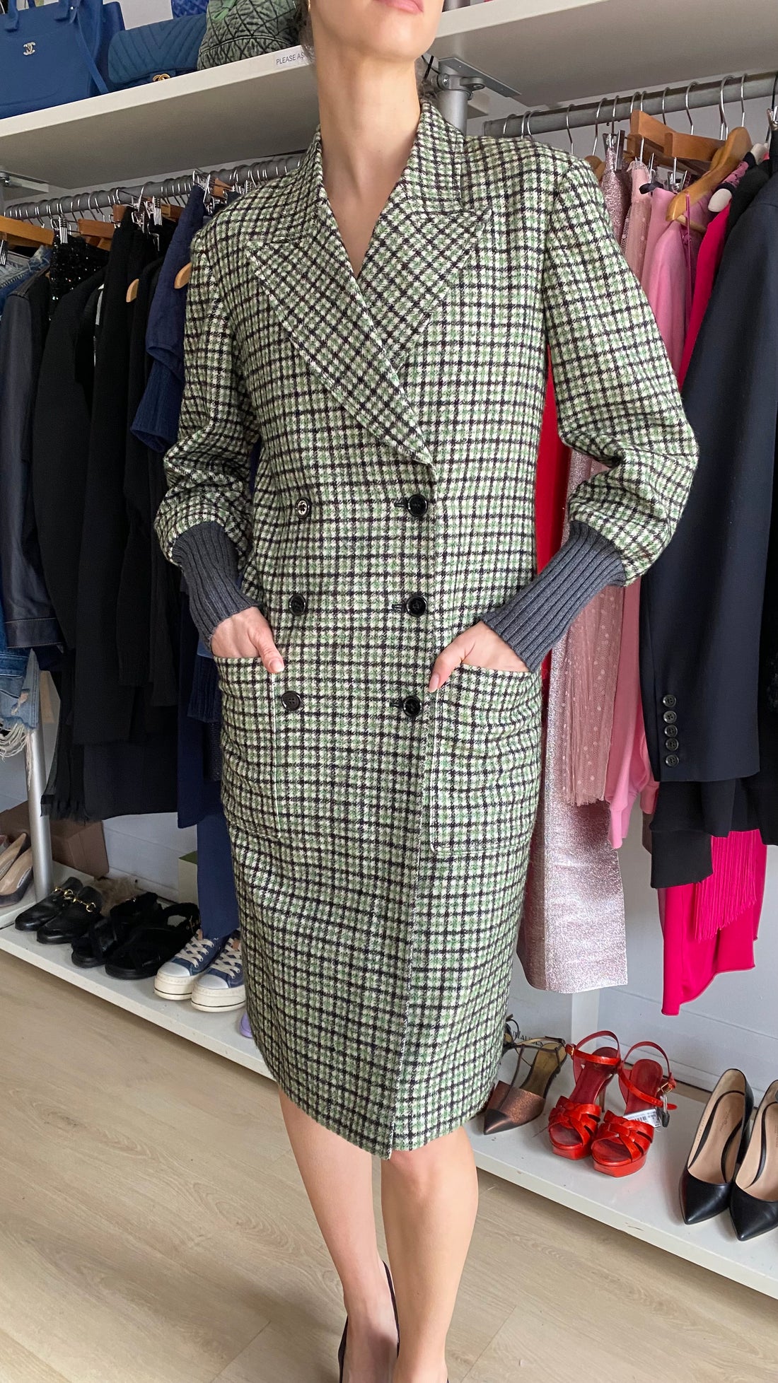 Chloe Green Wool Checked Double-Breasted Coat - F34 / US 2-4