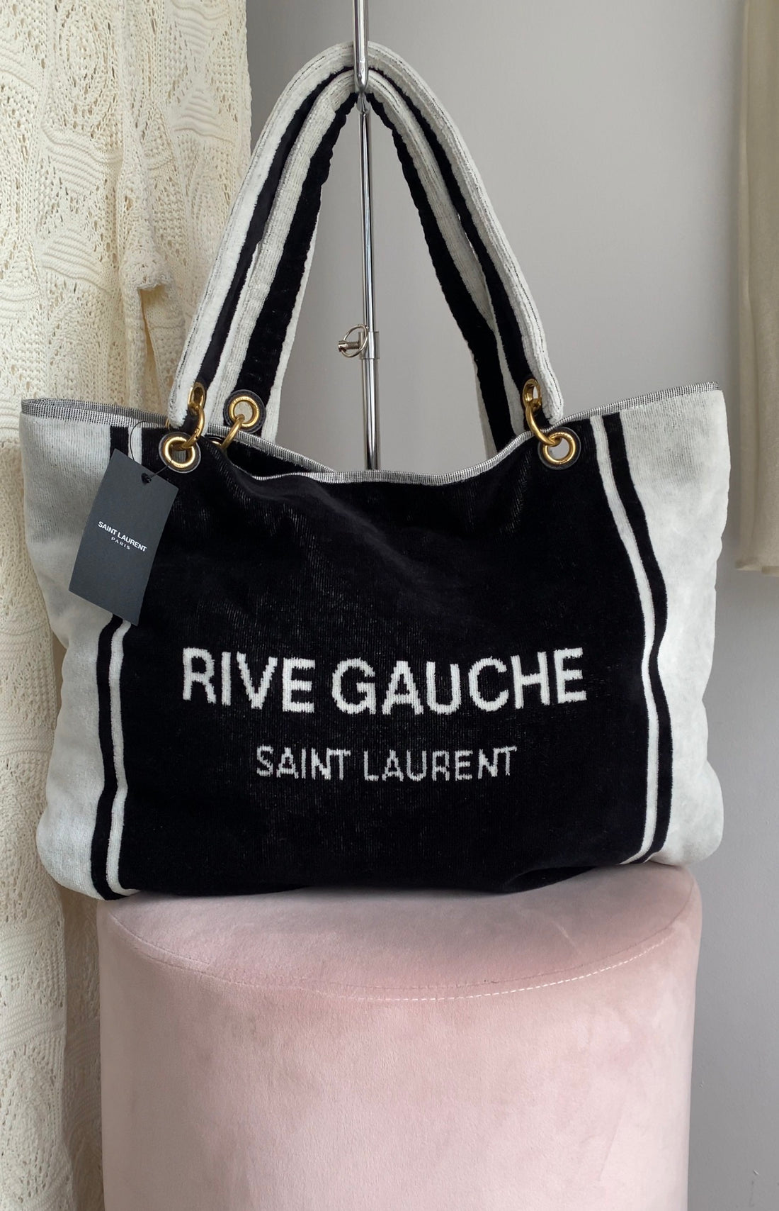 Saint Laurent Rive Gauche Black and White Terry Cloth Convertible Towel Tote