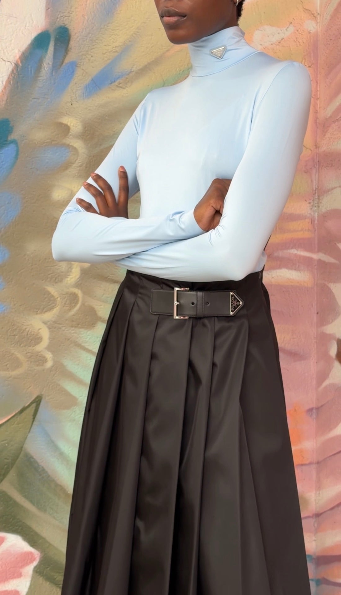 Prada Black ReNylon Pleated Buckle Midi Skirt - 38