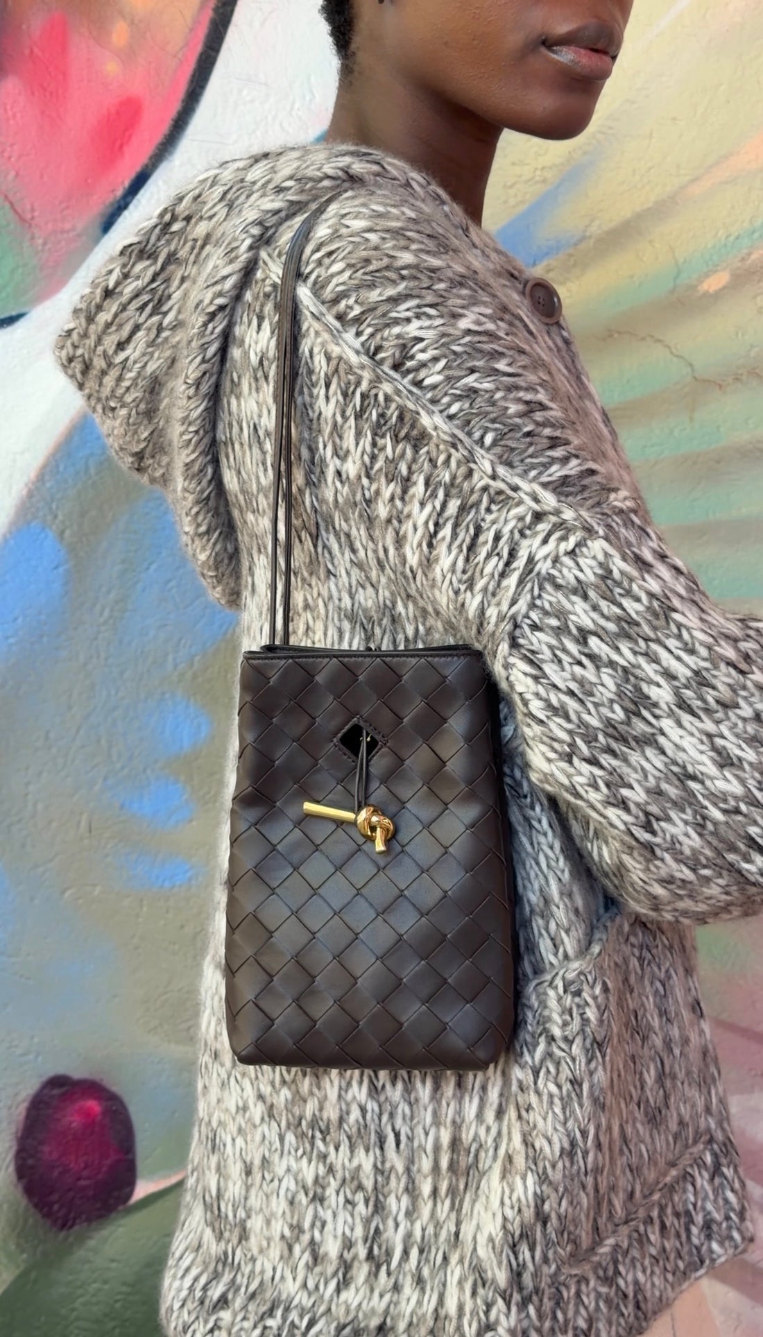 Bottega Veneta Dark Brown Andiamo Intrecciato Leather Phone Pouch