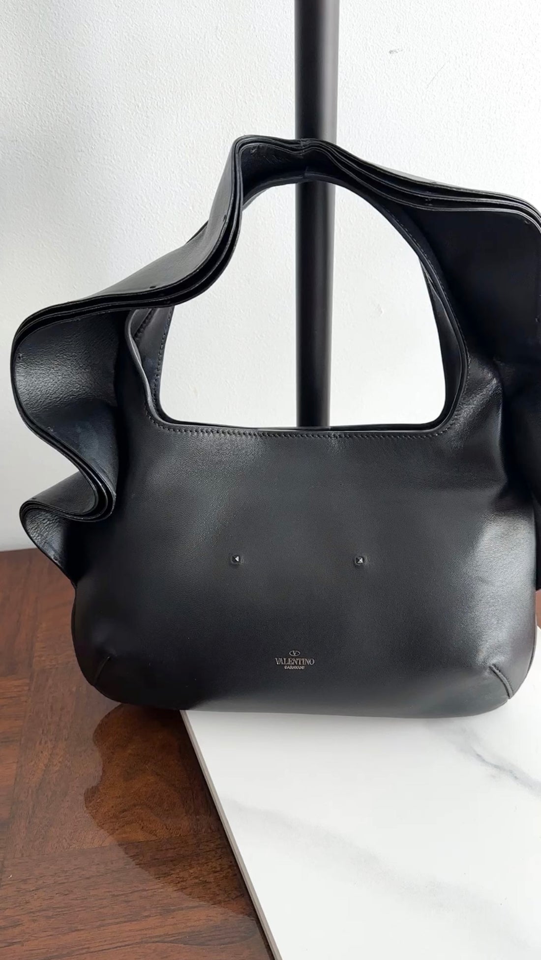 Valentino Atelier Small Black Leather Ruffle Hobo