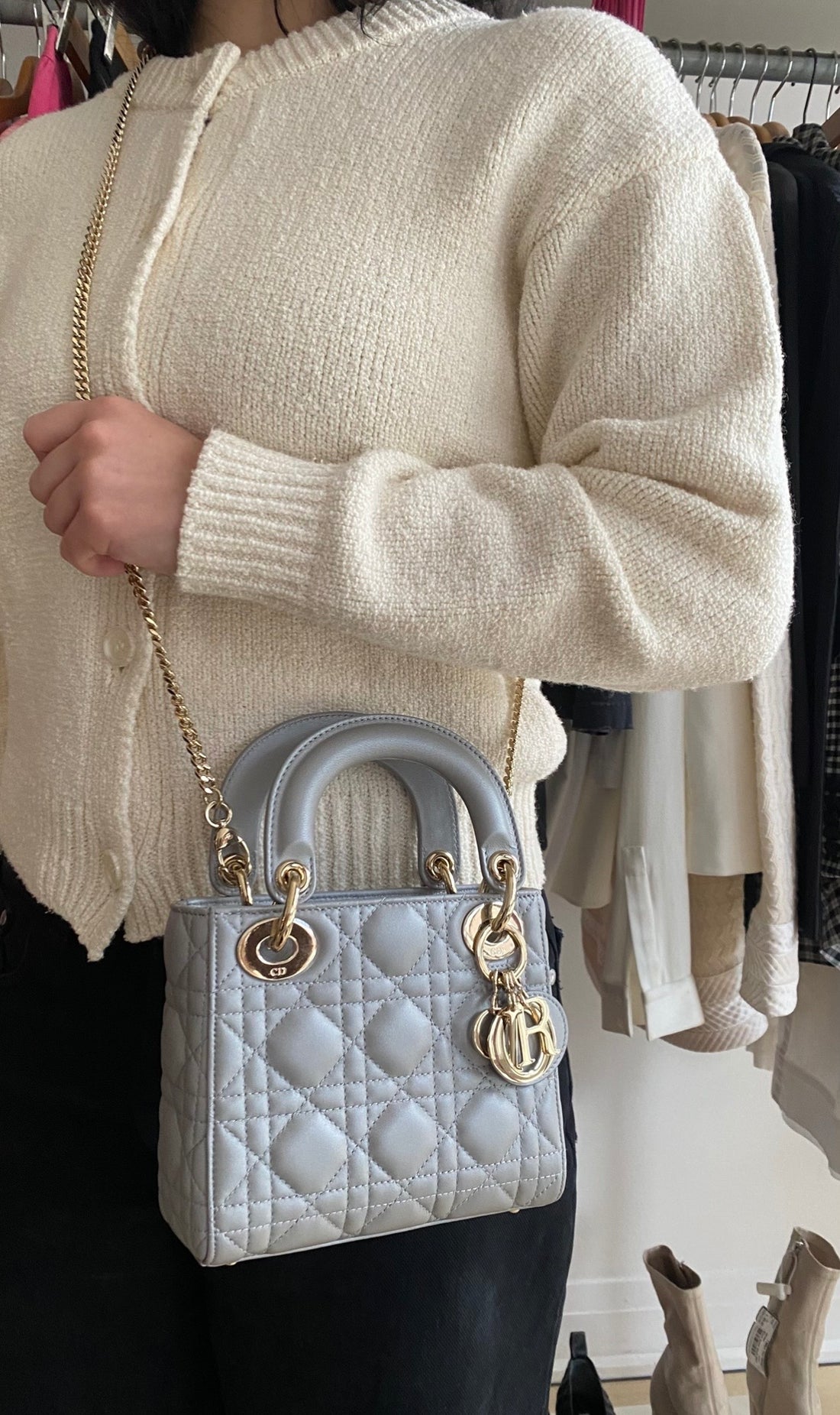 Christian Dior 2020 Pearl Grey Cannage Lambskin Mini Lady Dior Two Way Chain Bag