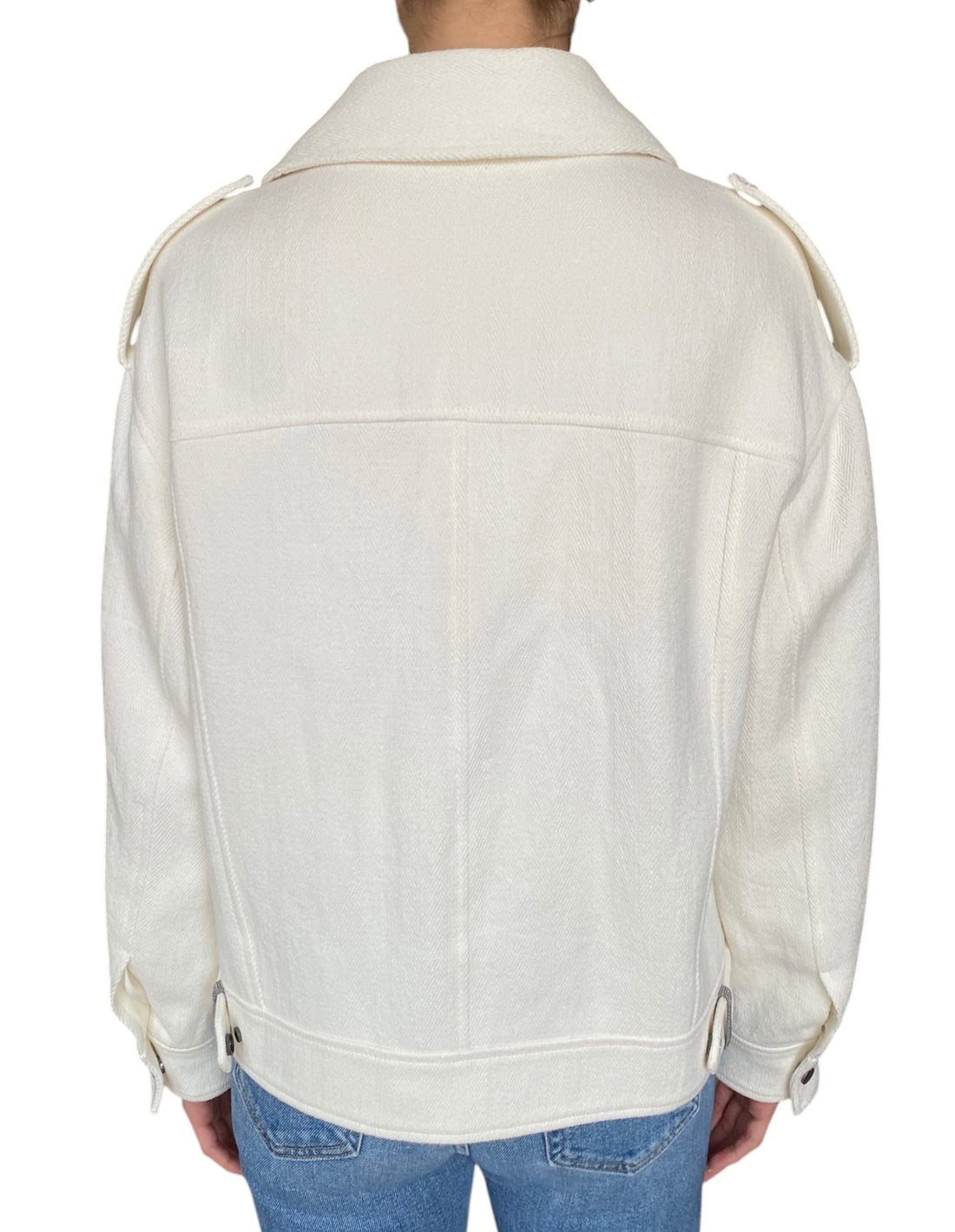 Brunello Cucinelli White Herringbone Moto Jacket - IT 40 / US 6-8
