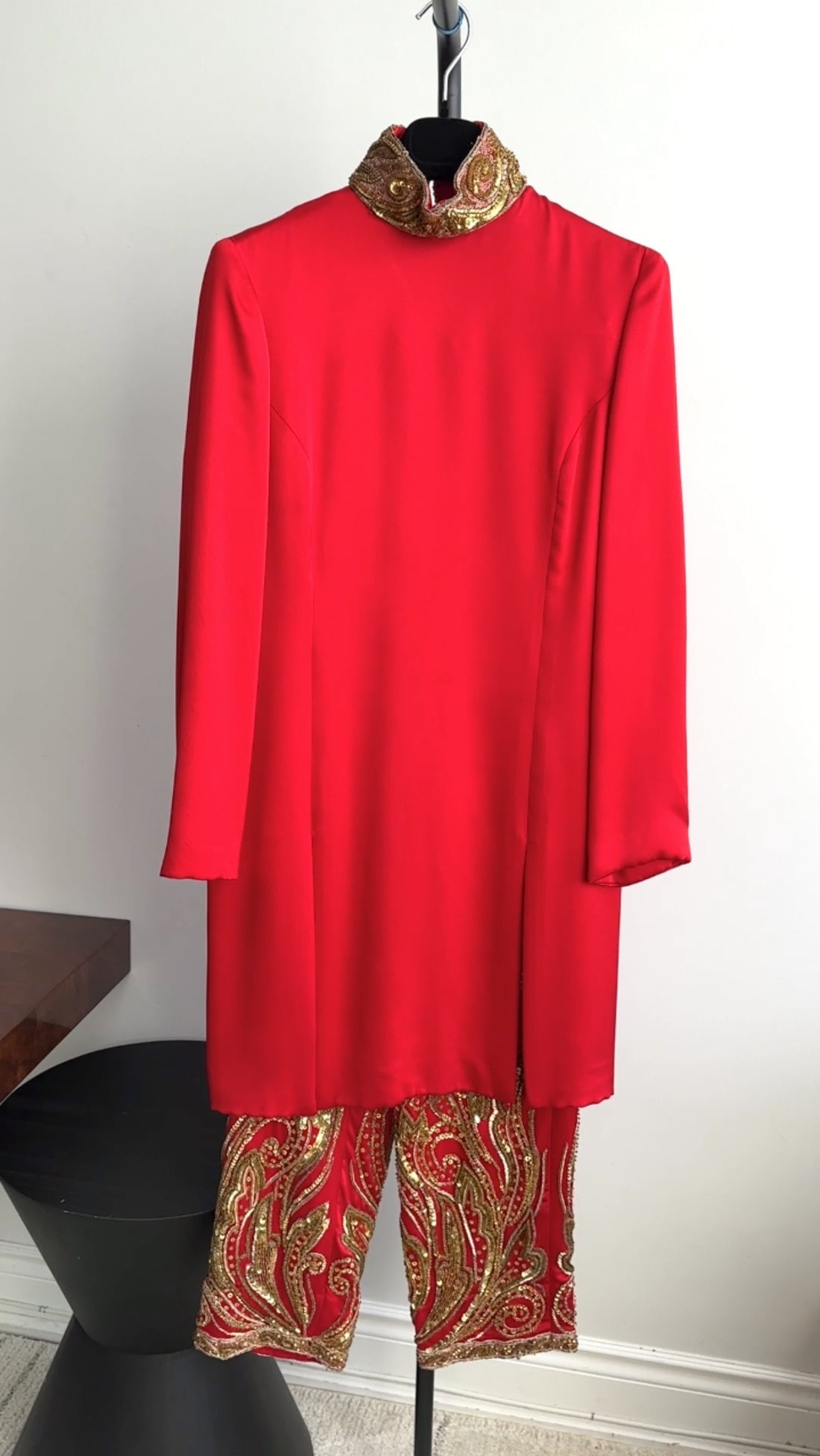 Renato Balestra Haute Couture Vintage 1990's Red Silk Beaded Pant Suit - FR38