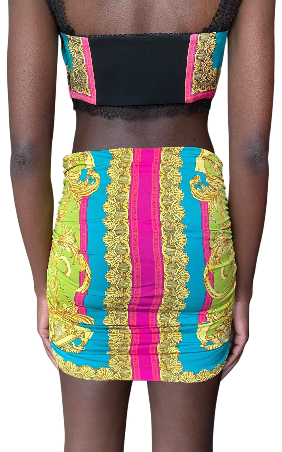 Versace Pink & Green “Borocco Goddess” 2-Piece Silk Bralette / Skirt Set - 40 / US 4