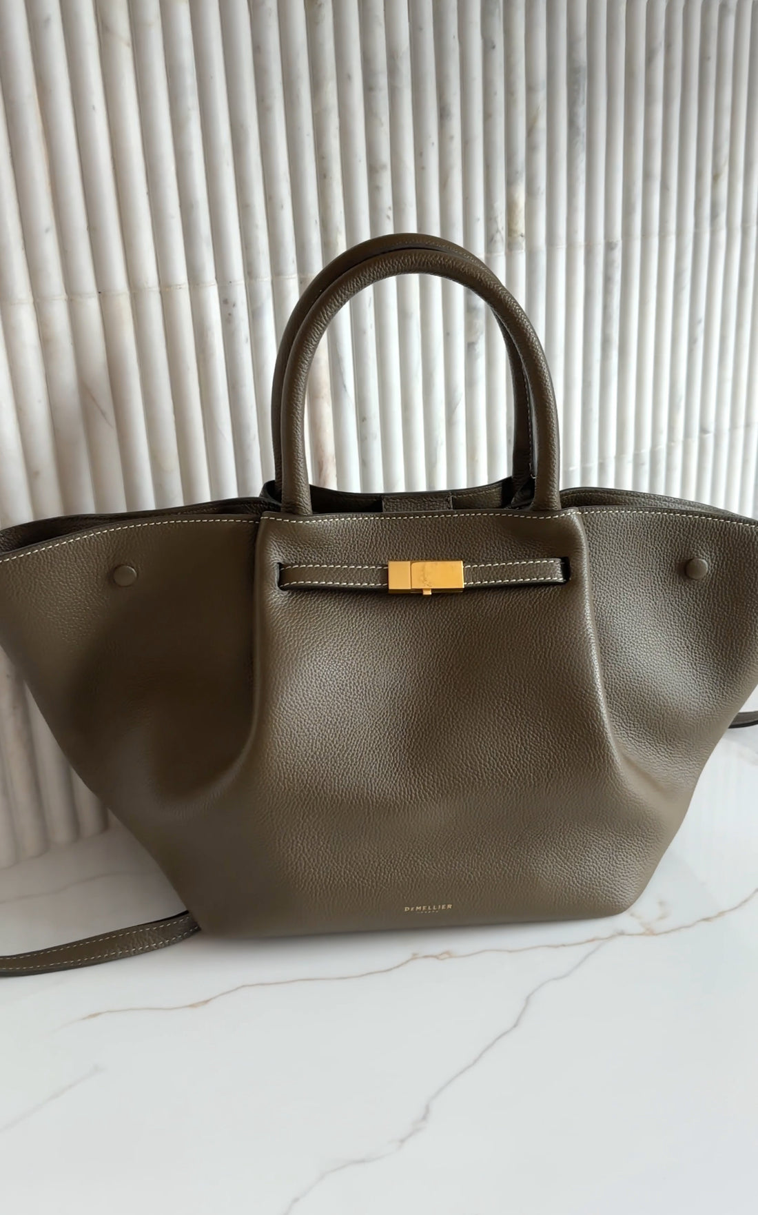 Demellier Dark Khaki  Grained Leather Midi New York Tote Bag