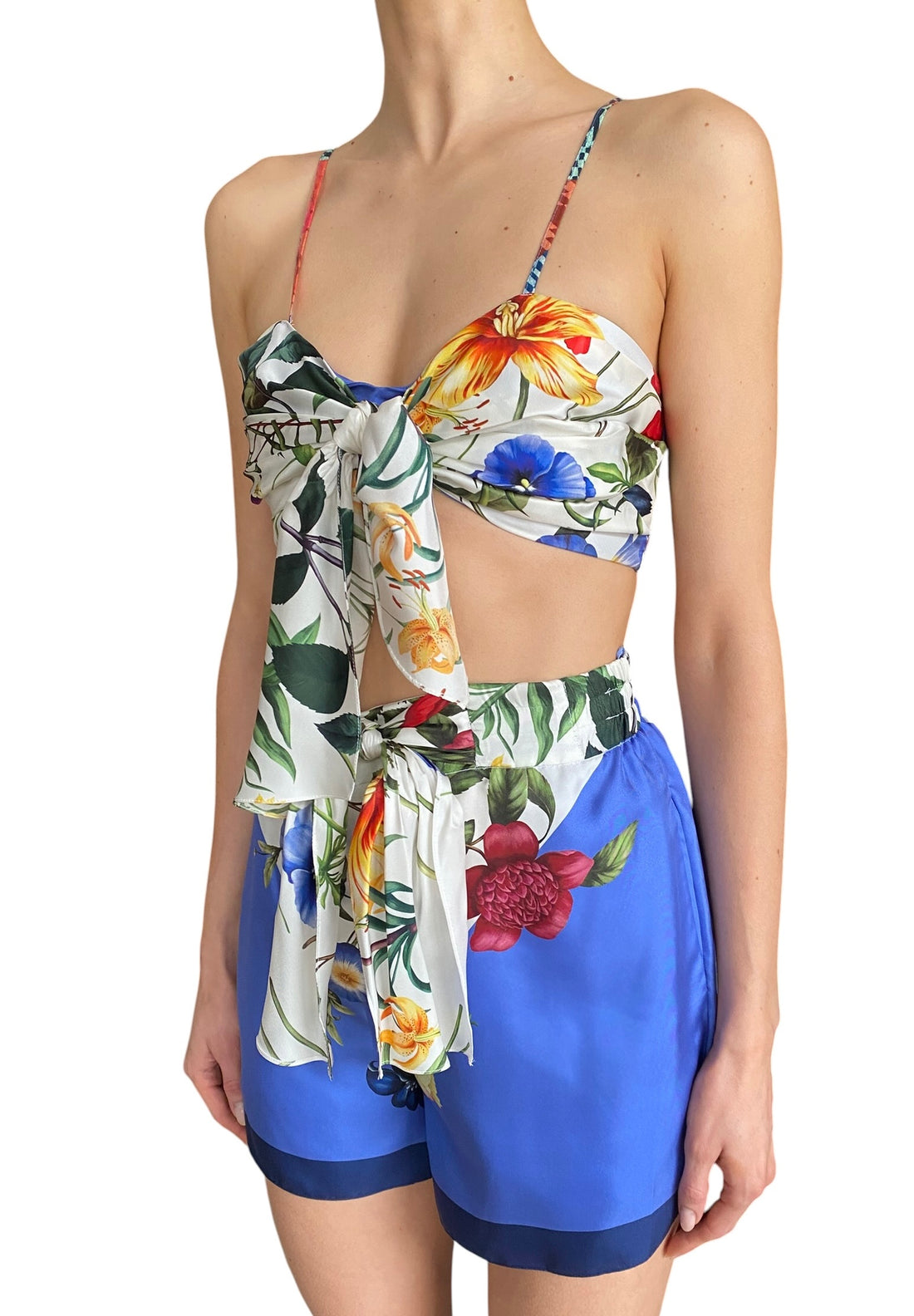 Oscar De La Renta Blue Silk Tie-Front Floral Printed 2-Piece Bralette Short Set - US 4