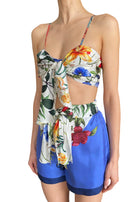 Oscar De La Renta Blue Silk Tie-Front Floral Printed 2-Piece Bralette Short Set - US 4