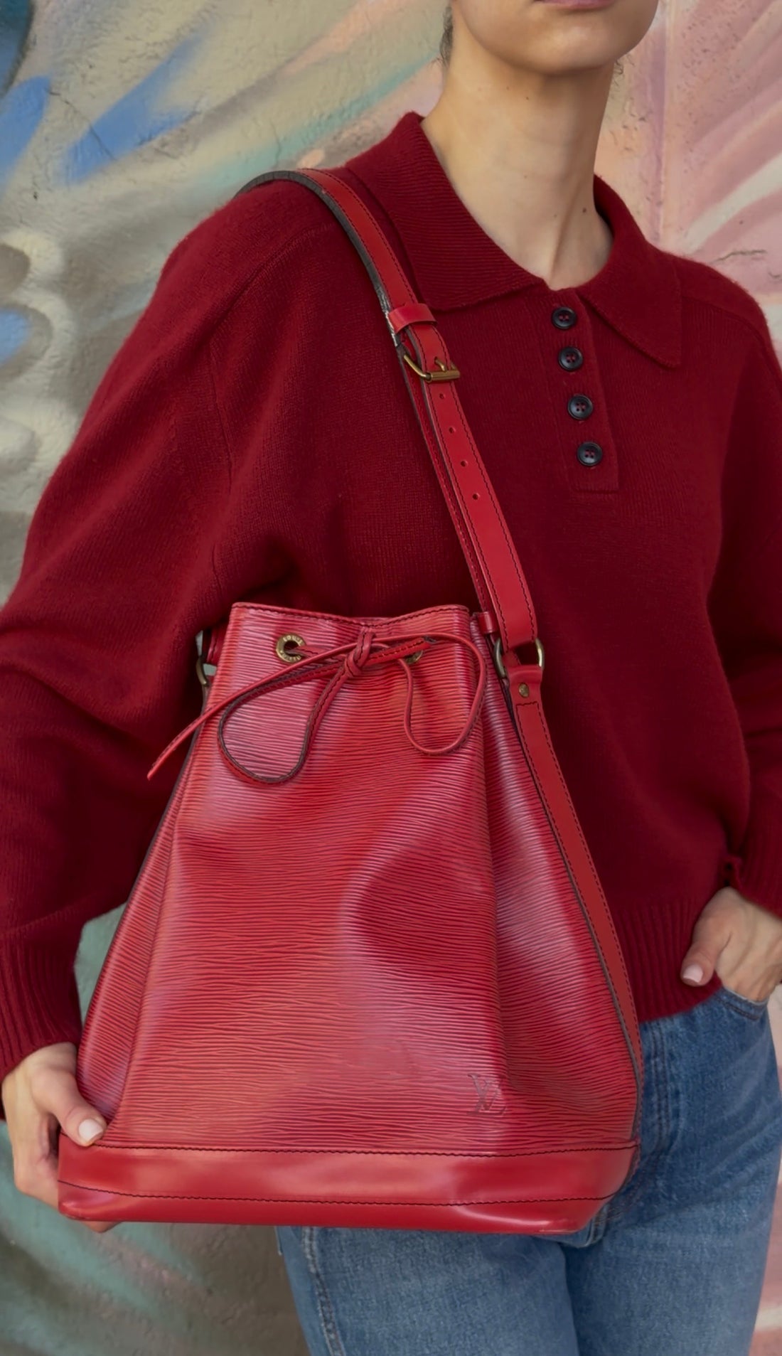 Louis Vuitton Vintage 1990 Red Epi Leather Noe GM Bucket Bag