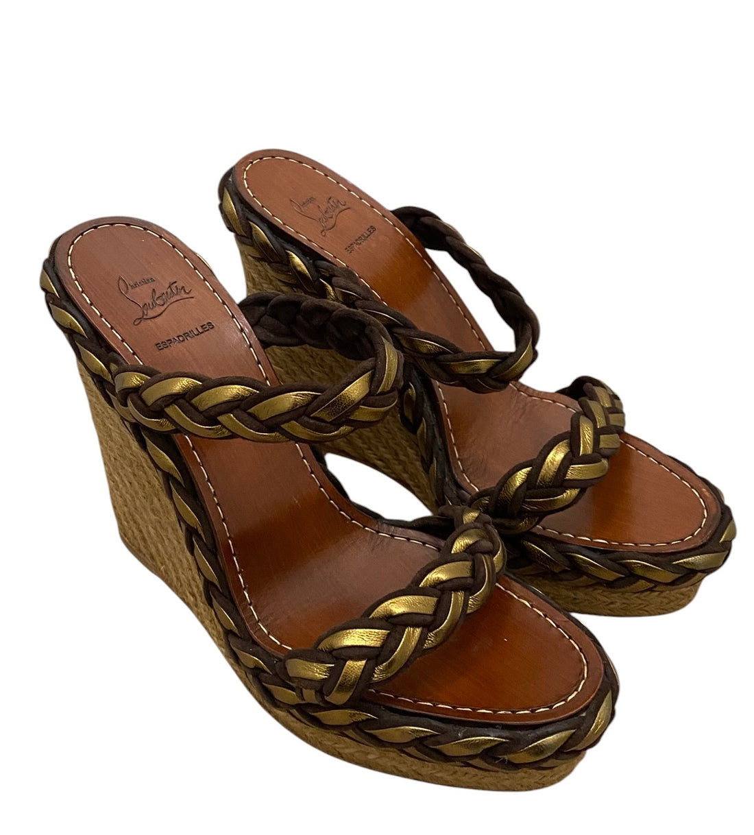 Christian Louboutin Brown and Gold Braided Leather Espadrille Wedge Sandal - 40