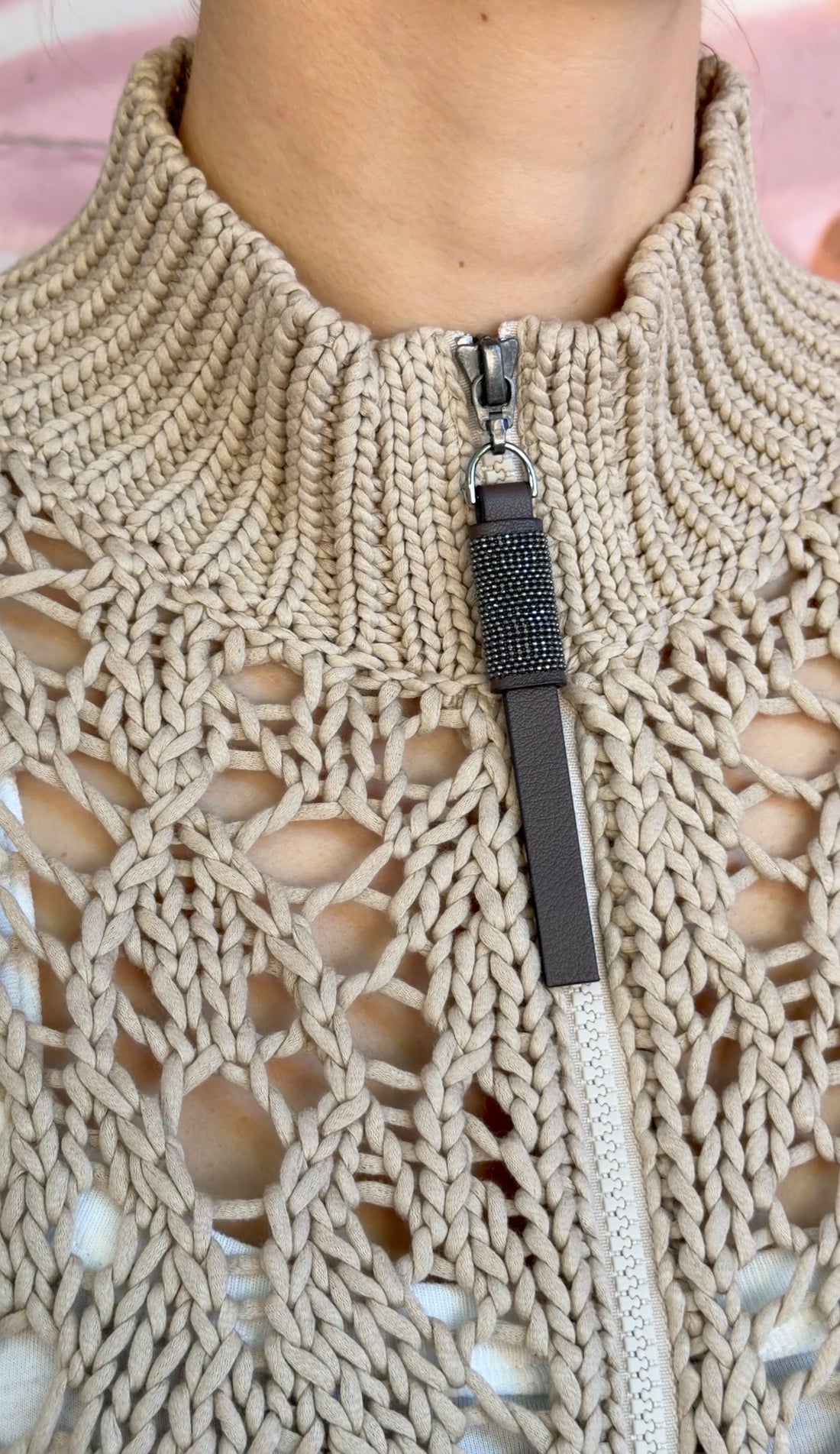 Brunello  Cuccinelli Cotton Open Knit Zip Monili Cardigan Sweater - S / US 4-6
