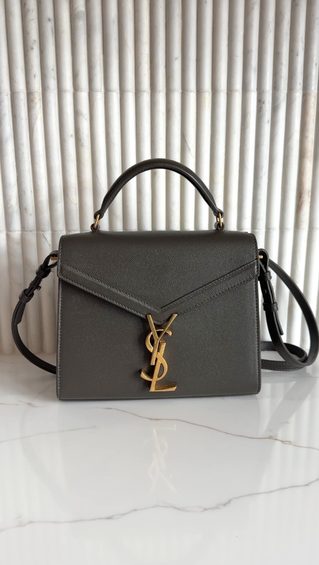 Saint Laurent Mini Cassandra Slate Grey Leather Top Handle Bag