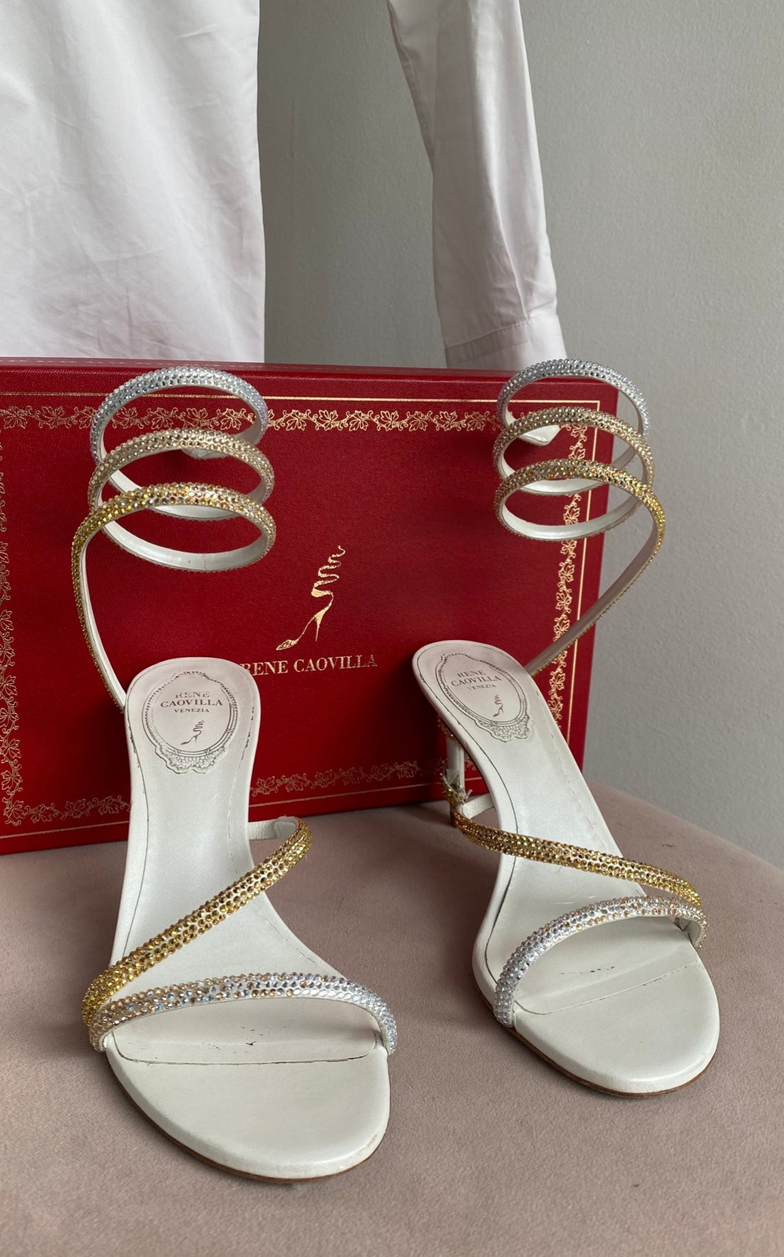 Rene Caovilla White Leather Gold Ombre Strass Embellished Open Toe Margot Sandals - 37