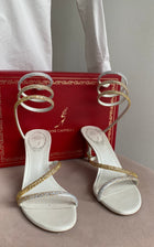 Rene Caovilla White Leather Gold Ombre Strass Embellished Open Toe Margot Sandals - 37