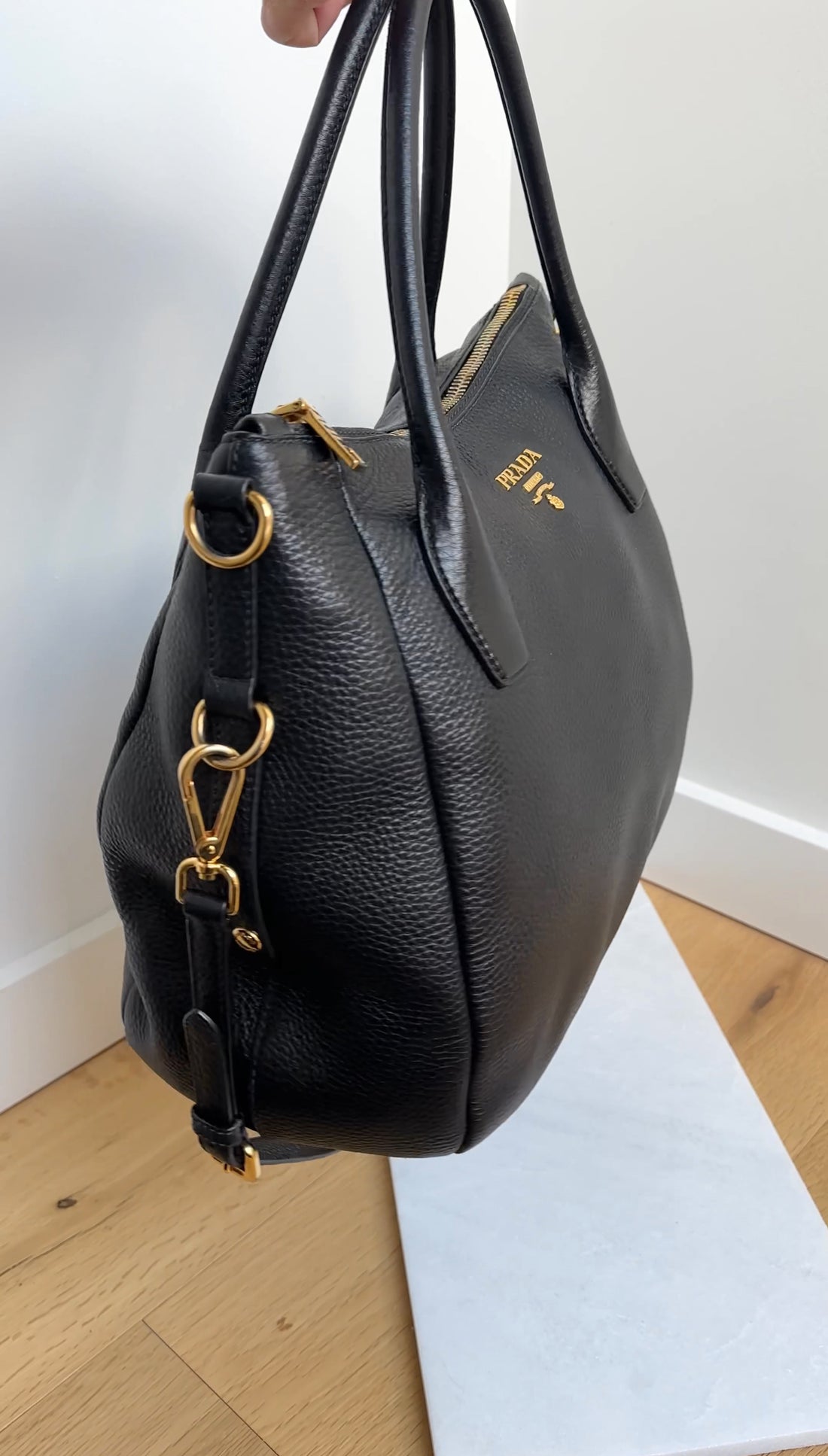 Prada Black Vitello Daino Leather Two Way Satchel Bag