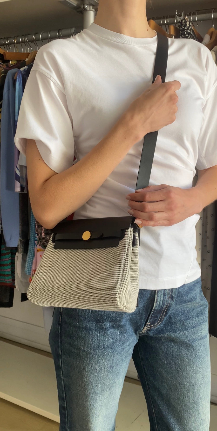 Hermes 2025 Herbag Zip Mini 20 Ecru Black Toile Militaire / Vache Hunter GHW