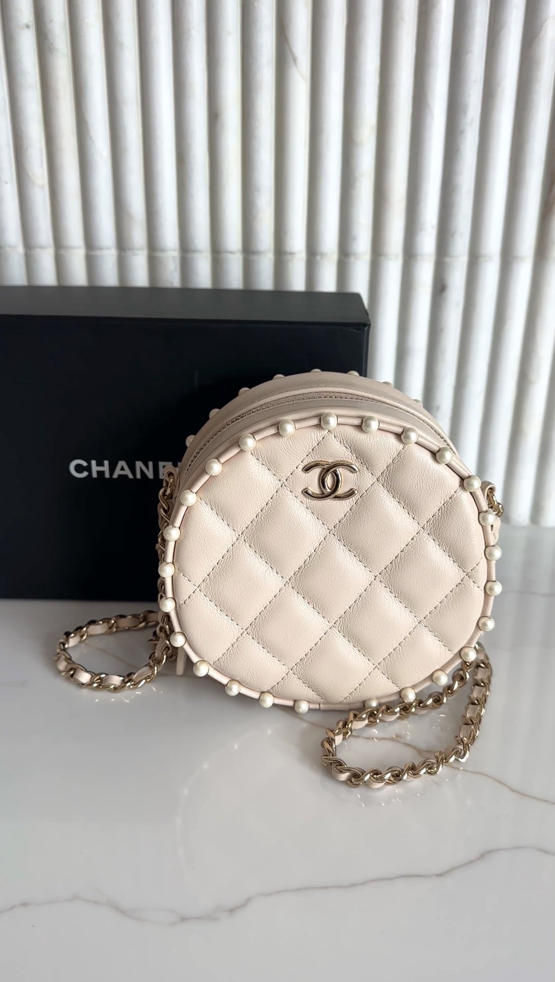 Chanel Light Beige Leather Mini Quilted Round Pearl Trim Crossbody Bag