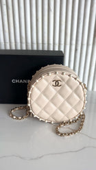 Chanel Light Beige Leather Mini Quilted Round Pearl Trim Crossbody Bag