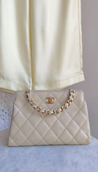 Chanel Beige Vintage 2004 Quilted Leather Metal Chain Medium Handle Hand Bag