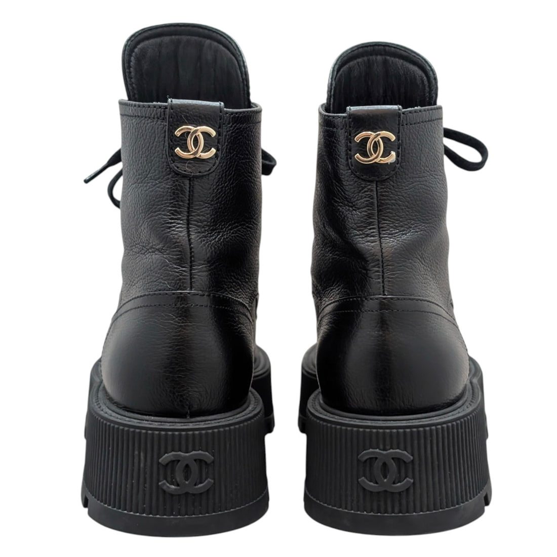 Chanel 23A Black Calfskin CC Cap-Toe Platform Combat Boot - 37