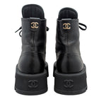 Chanel 23A Black Calfskin CC Cap-Toe Platform Combat Boot - 37