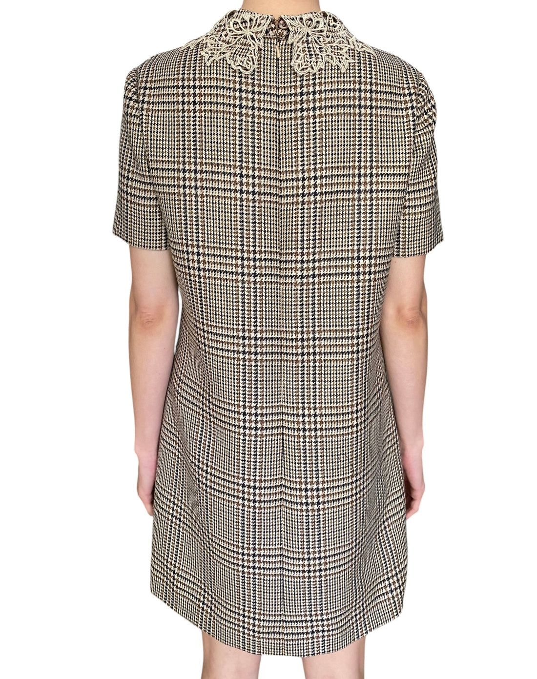 Oscar De La Renta Beige Lace Collar Plaid-Check Mini Shift Dress -  US 6