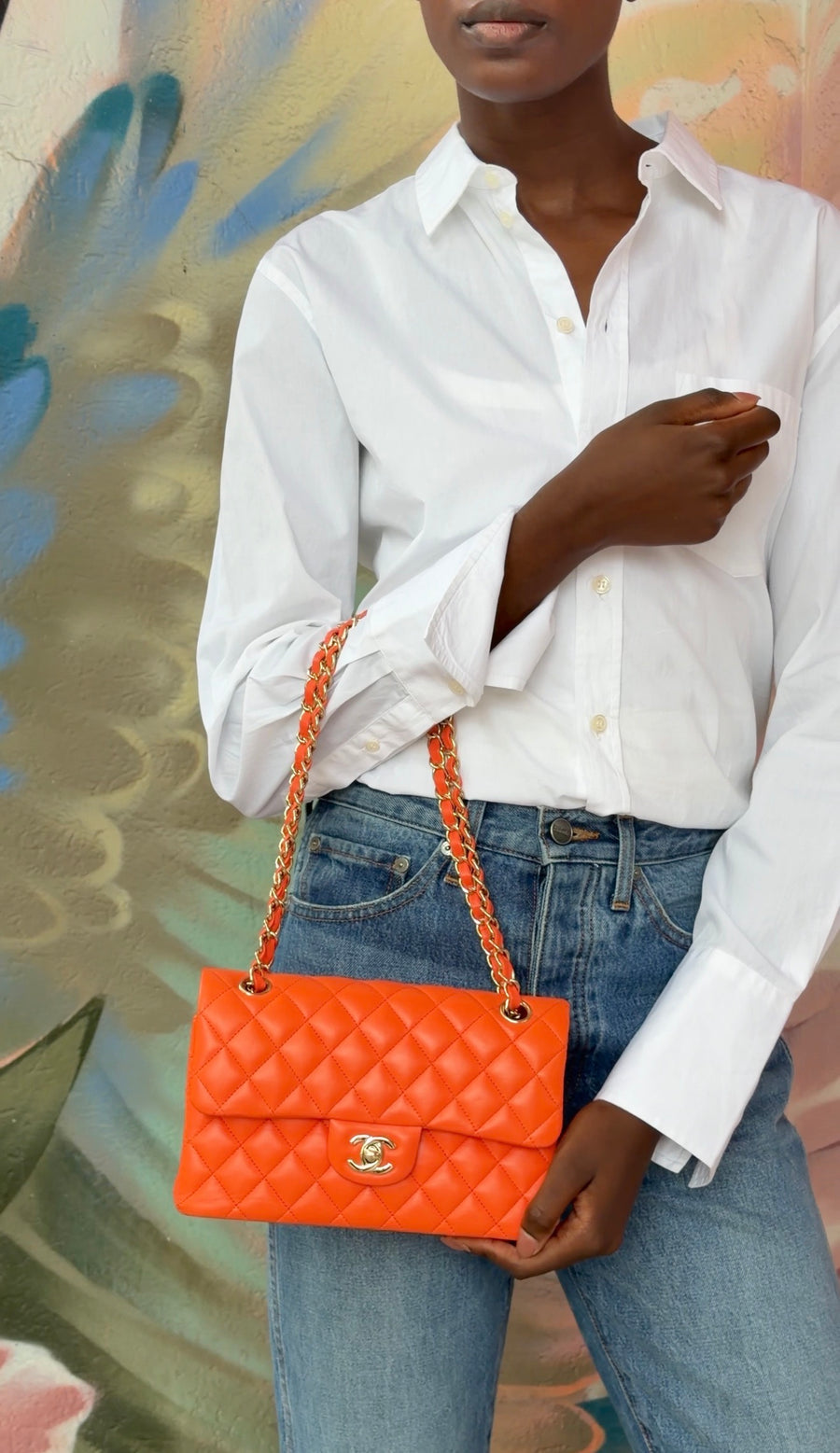 Chanel Small Orange Lambskin Leather Small Double Classic Flap Bag LGHW