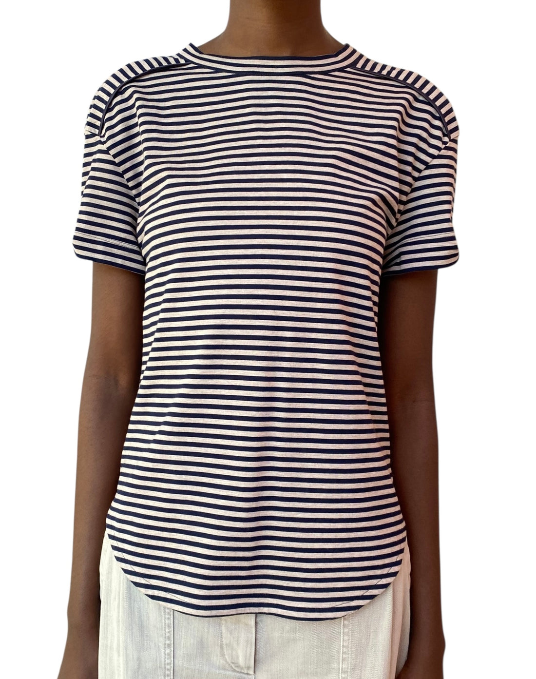 Brunello Cucinelli Beige and Navy Cotton Stripe Tee - S