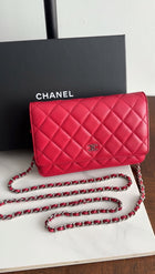 Chanel Timeless Classic Red Quilted Wallet on Chain with Enamel CC