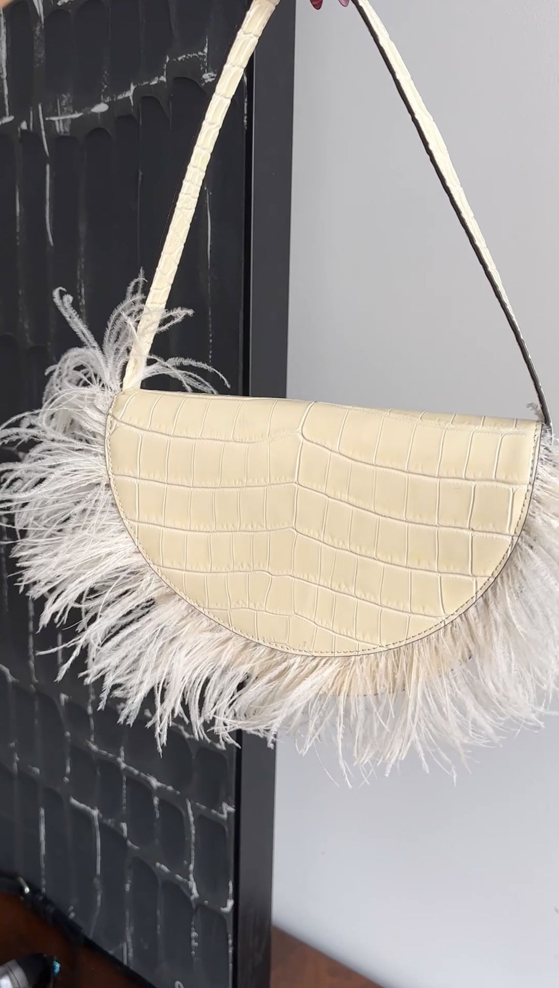 Staud Ivory Faux Embossed Half Moon Shoulder Bag with Feather Trim