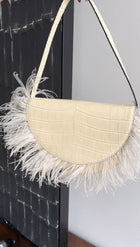 Staud Ivory Faux Embossed Half Moon Shoulder Bag with Feather Trim