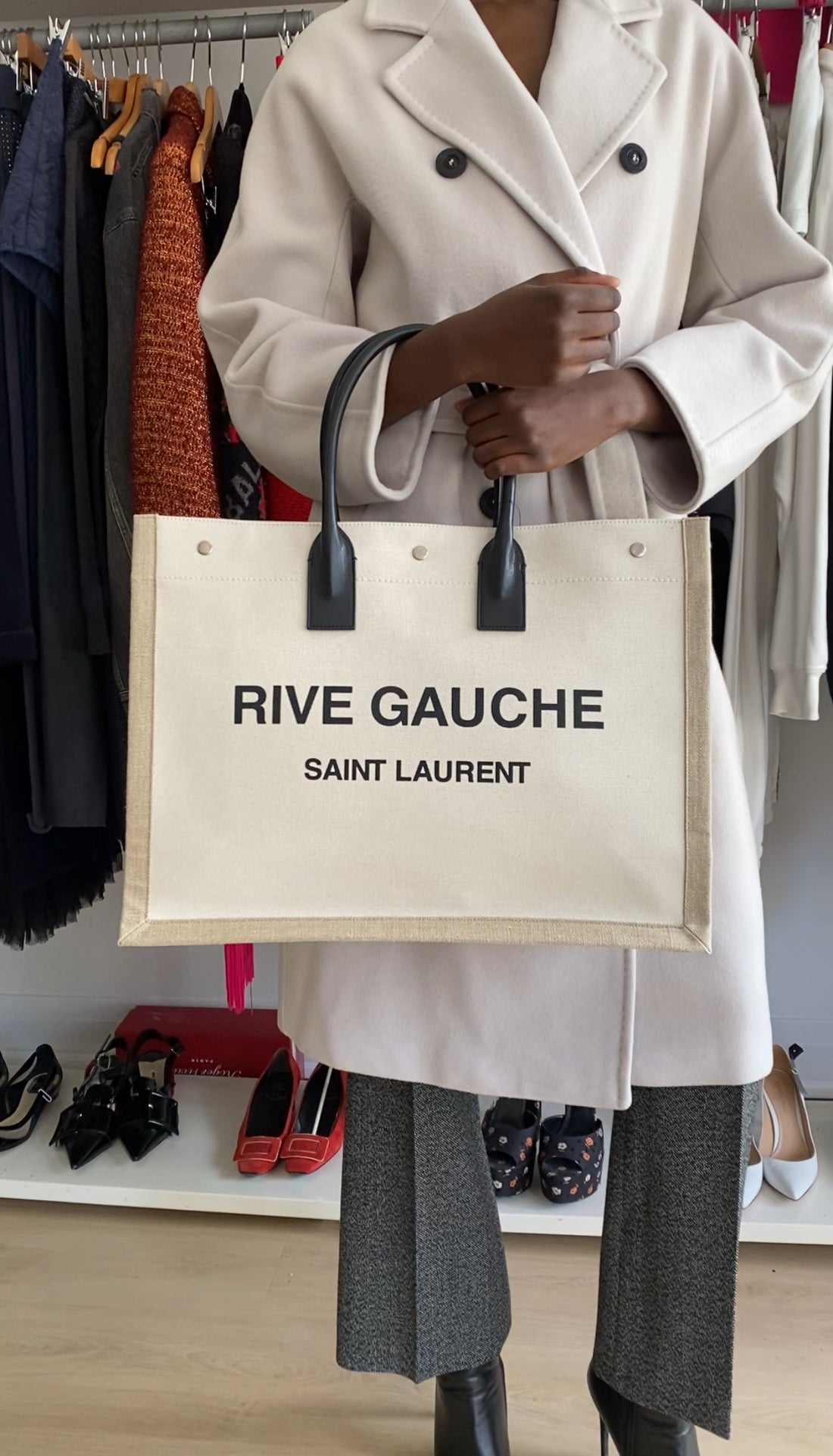 Saint Laurent Rive Gauche White and Beige Canvas Large Tote Bag