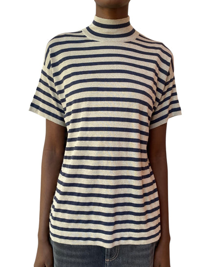 Brunello Cucinelli Navy and Beige Shimmer Stripe Turtleneck Top - M