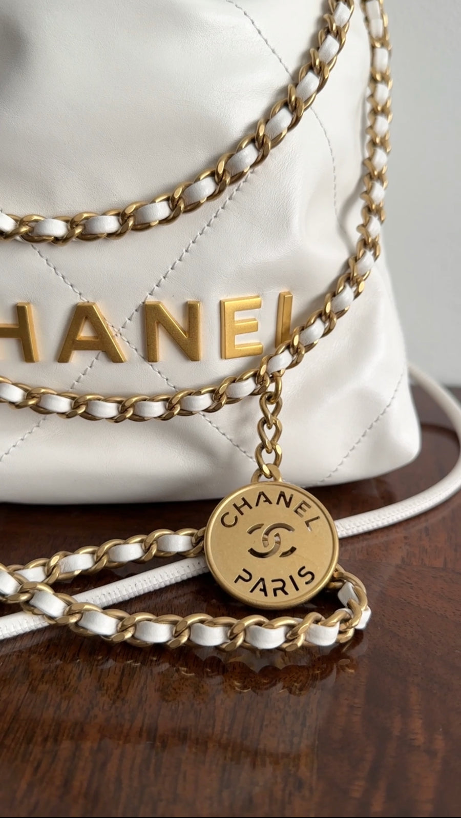 Chanel 22 White Glossed Leather Logo Mini Chain Bag