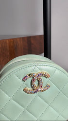 Chanel Mint Green Quilted Leather CC Strass Mini Round Clutch Bag