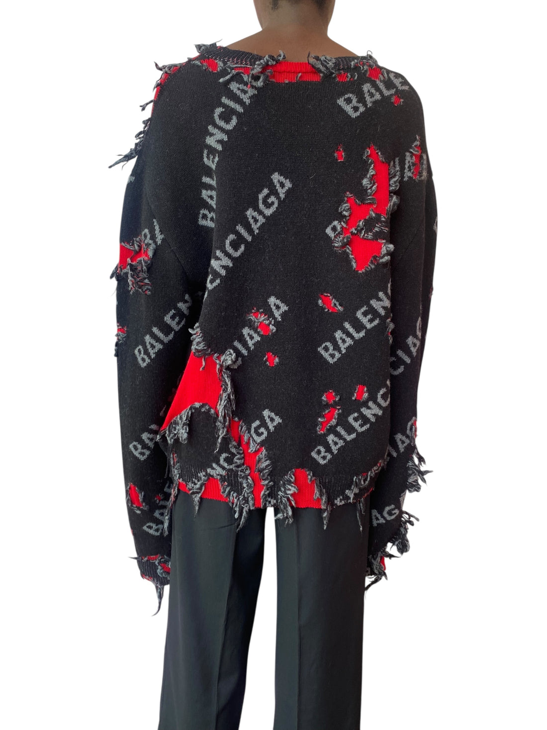 Balenciaga 2021 Black Distressed Logo Pullover Sweater - XL