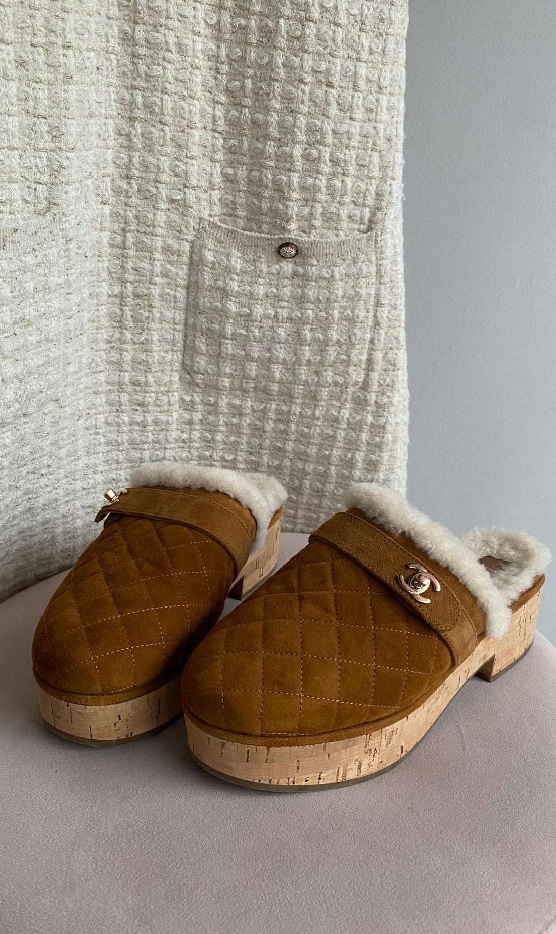 Chanel 21A Brown Shearling CC Turn Clasp Quilt Cork Mules - 37