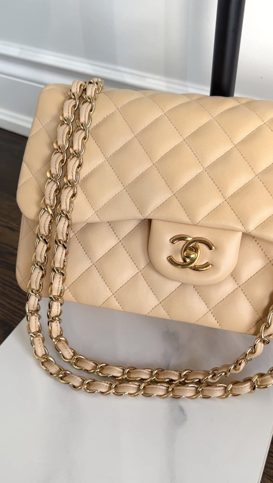 Chanel Beige Lambskin Jumbo Classic Double Flap Bag GHW