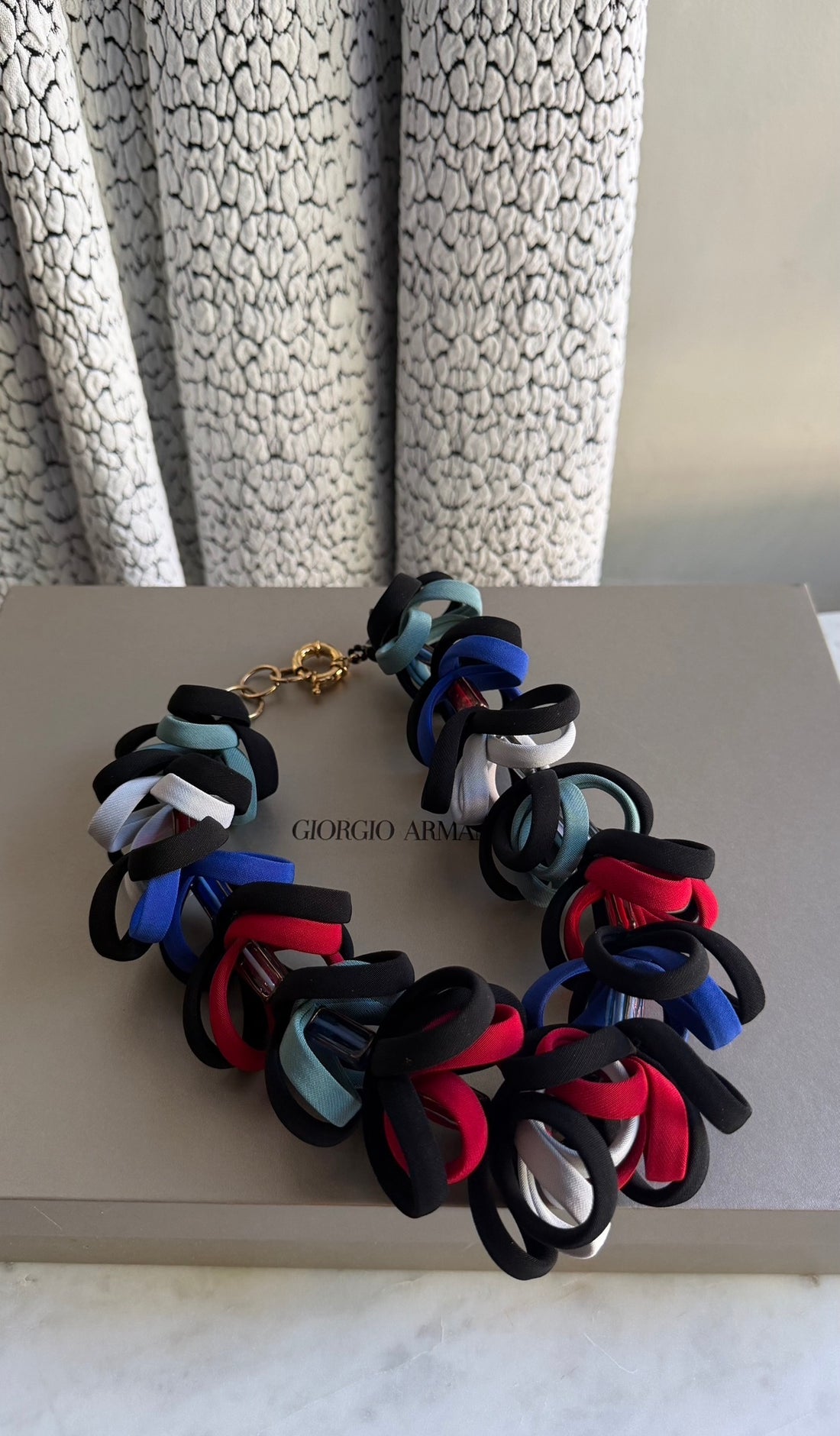 Giorgio Armani Black Red White Blue Glass Bead Fabric Looped Statement Necklace