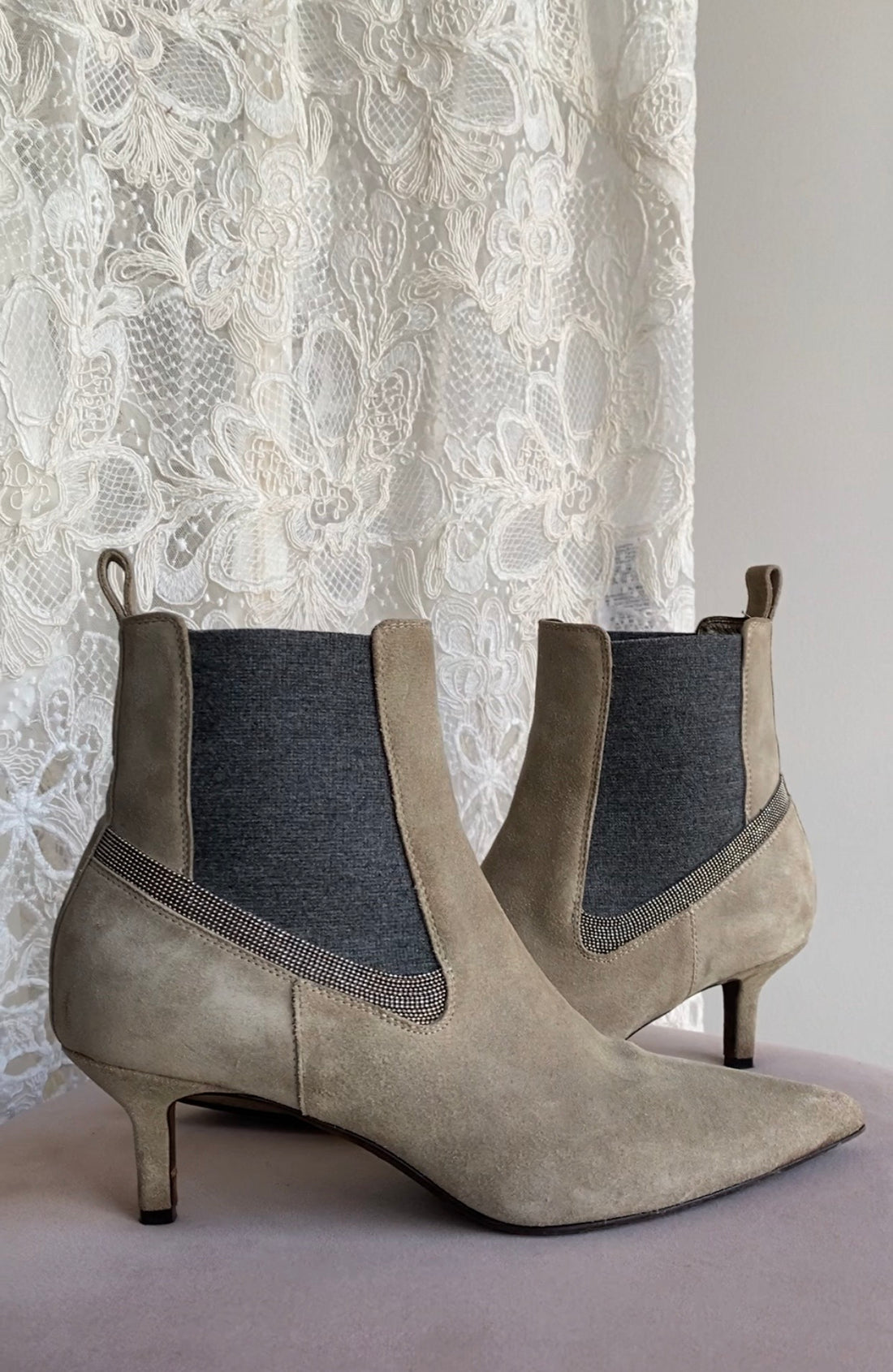 Brunello Cucinelli Grey Suede Monili Pointed Mid Heel Ankle Boot - 36.5